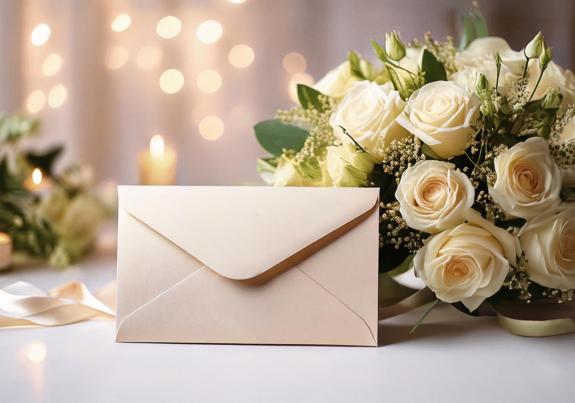 An elegant cream envelope lying on a table with a bouquet of flowers on the right, candles in the background, set in a classy and sophisticated environment.