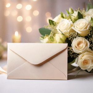 An elegant cream envelope lying on a table with a bouquet of flowers on the right, candles in the background, set in a classy and sophisticated environment.