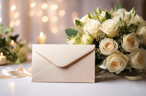 An elegant cream envelope lying on a table with a bouquet of flowers on the right, candles in the background, set in a classy and sophisticated environment.