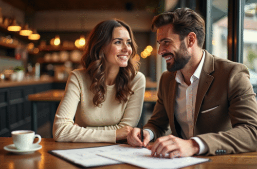 A smiling couple sitting at a cozy coffee shop, planning their wedding details together.