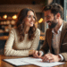 A smiling couple sitting at a cozy coffee shop, planning their wedding details together.