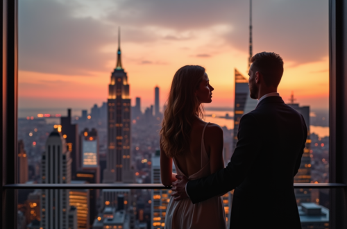 An elegant couple standing in their penthouse, overlooking the city skyline with skyscrapers at dusk.