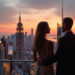 An elegant couple standing in their penthouse, overlooking the city skyline with skyscrapers at dusk.