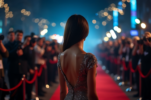 An elegant woman in a silver sparkling dress standing on the red carpet, surrounded by paparazzi at an evening movie premiere.