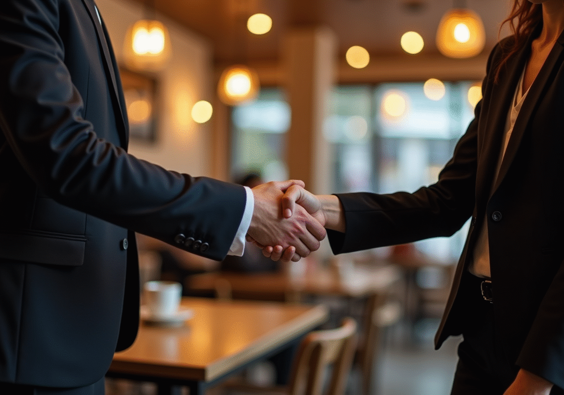 A well-dressed man and woman shaking hands near tables in a coffee shop, suggesting a formal or business interaction