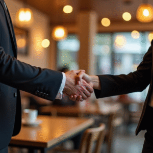 A well-dressed man and woman shaking hands near tables in a coffee shop, suggesting a formal or business interaction