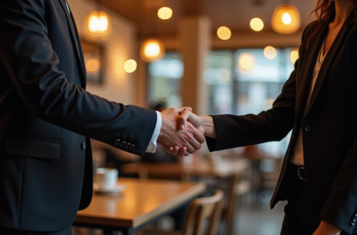 A well-dressed man and woman shaking hands near tables in a coffee shop, suggesting a formal or business interaction