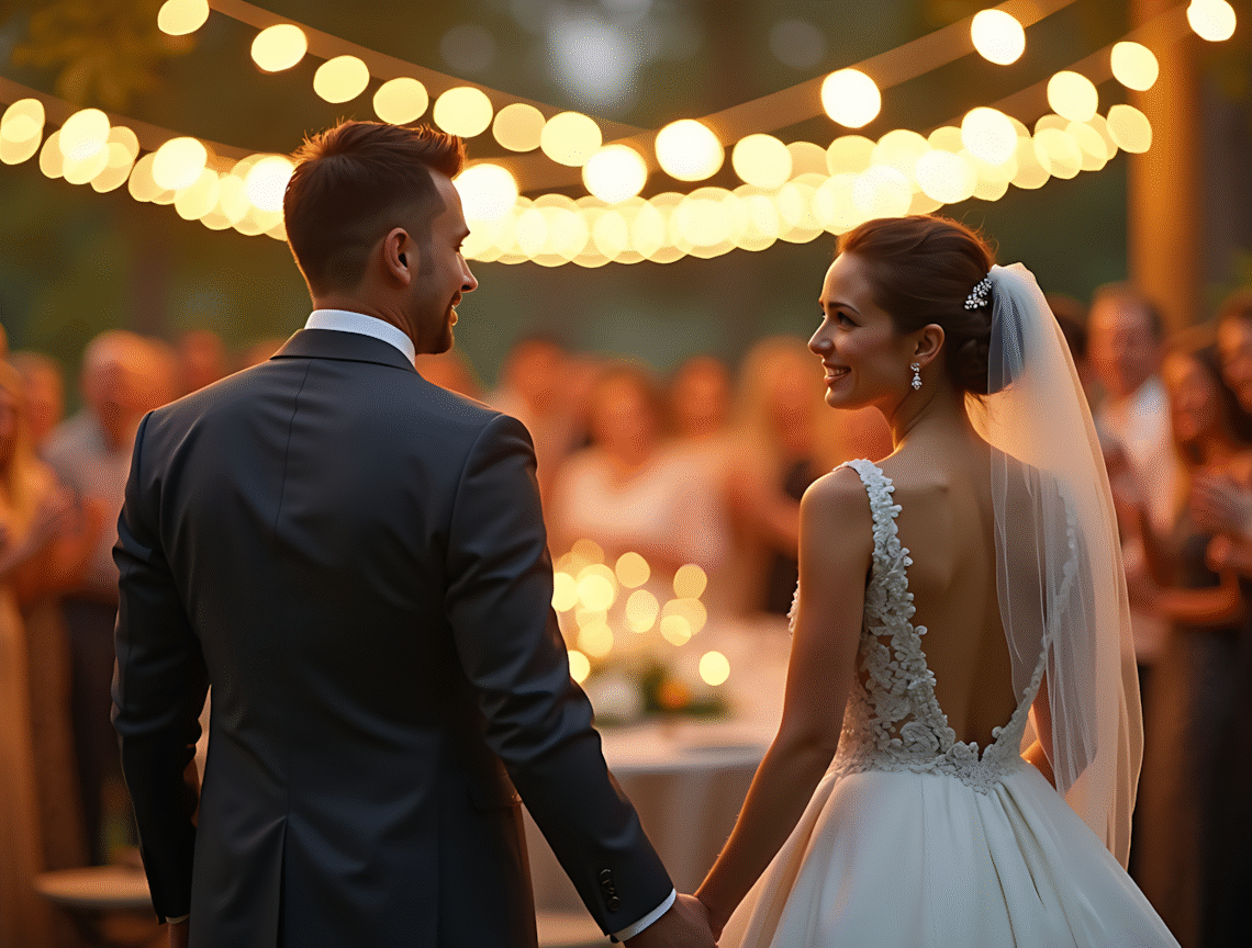 An elegant bride and groom celebrating with their guests during an evening wedding reception.