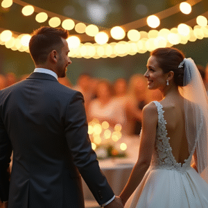An elegant bride and groom celebrating with their guests during an evening wedding reception.
