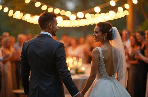 An elegant bride and groom celebrating with their guests during an evening wedding reception.