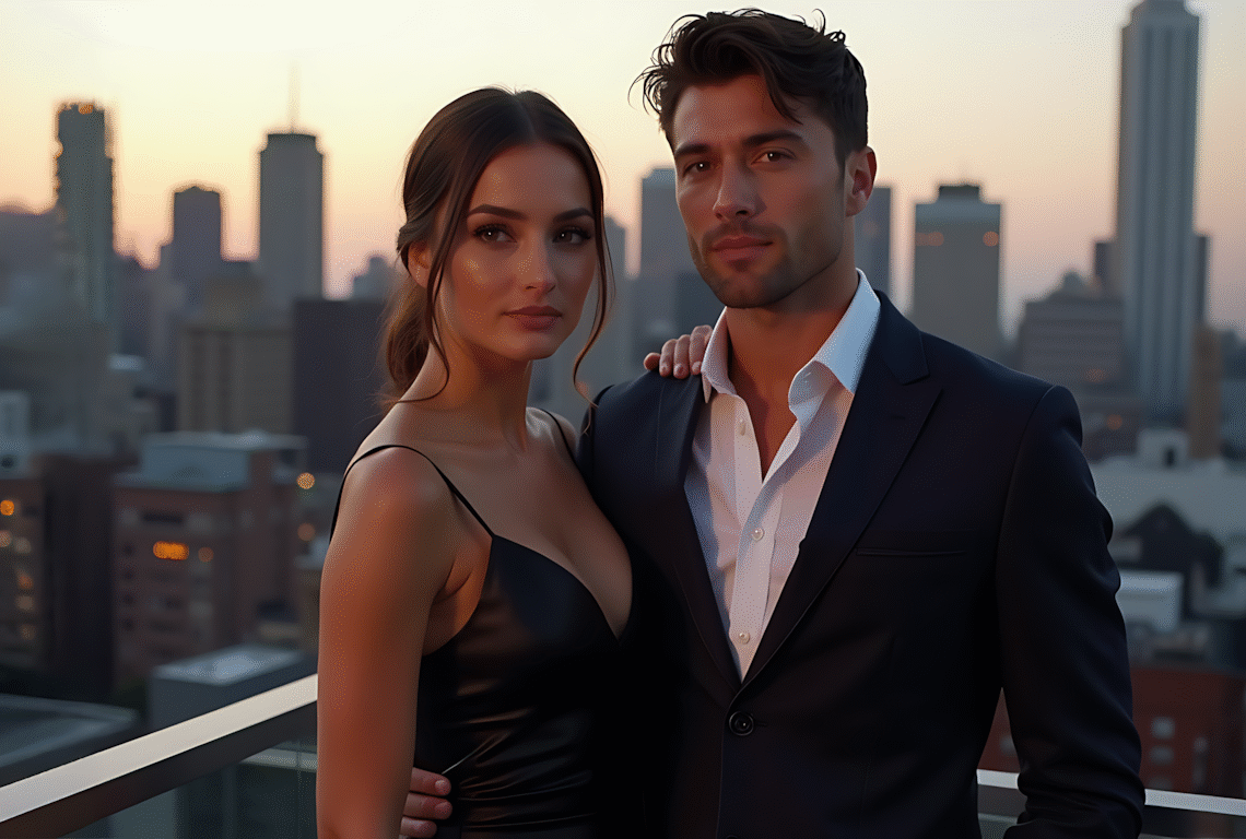 An elegant woman and a man standing together on a rooftop, with a panoramic city view at sunset, casting a warm glow over the scene.