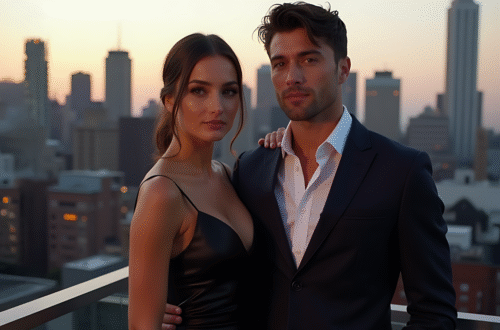 An elegant woman and a man standing together on a rooftop, with a panoramic city view at sunset, casting a warm glow over the scene.