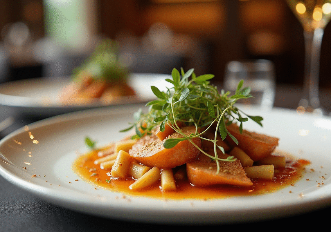 Two white plates with gourmet meals near a glass of champagne, placed on a wooden restaurant table