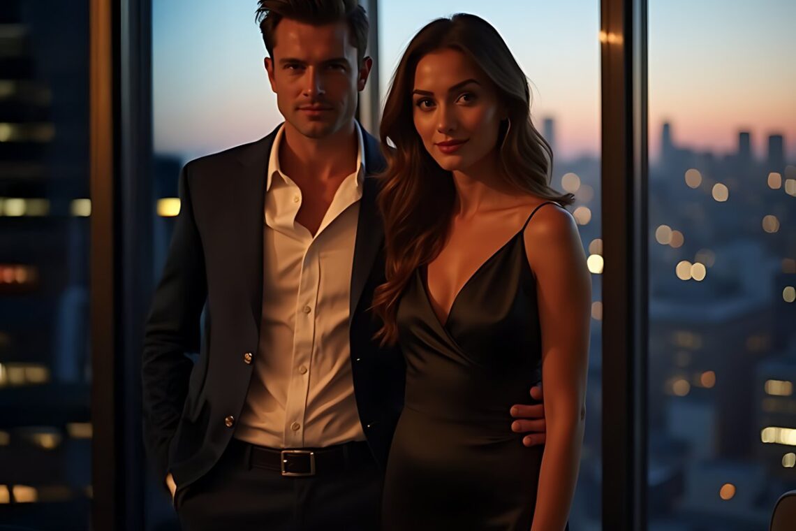 Attractive man and woman in stylish clothes with city skyline at sunset, representing the halo effect in psychology.