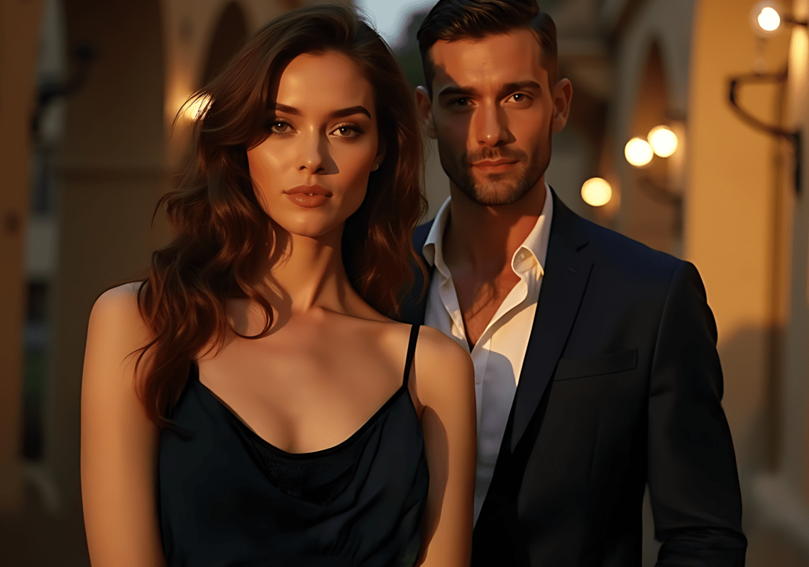 A stylish man and woman dressed in formal attire standing together during golden hour