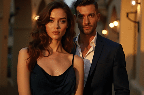 A stylish man and woman dressed in formal attire standing together during golden hour