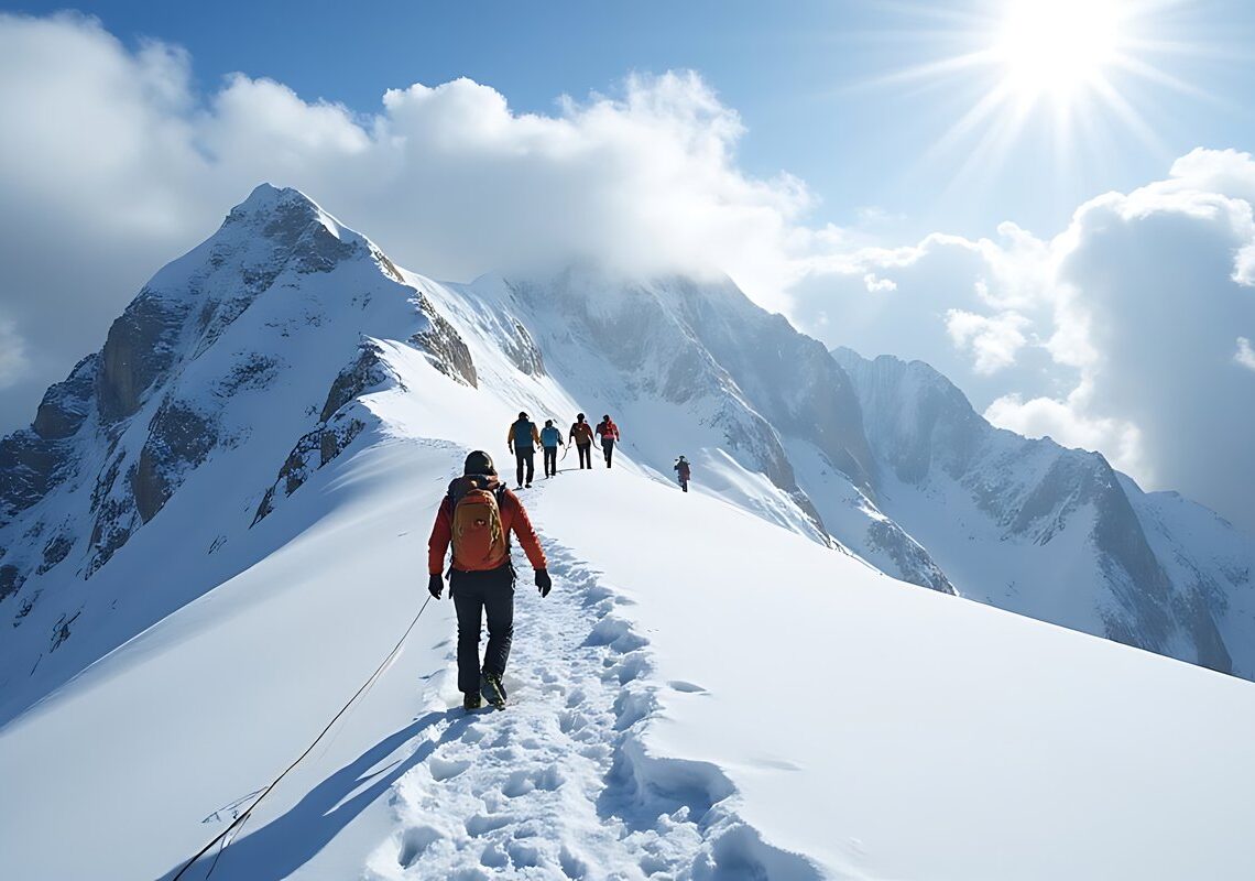 A group of hikers is climbing a high mountain peak covered in snow. They are navigating steep and snowy terrain, showing determination to reach the top.
