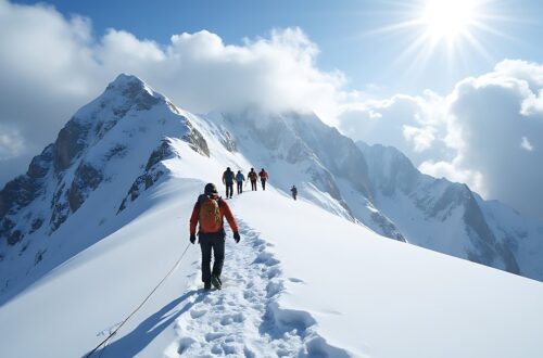 A group of hikers is climbing a high mountain peak covered in snow. They are navigating steep and snowy terrain, showing determination to reach the top.