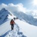 A group of hikers is climbing a high mountain peak covered in snow. They are navigating steep and snowy terrain, showing determination to reach the top.