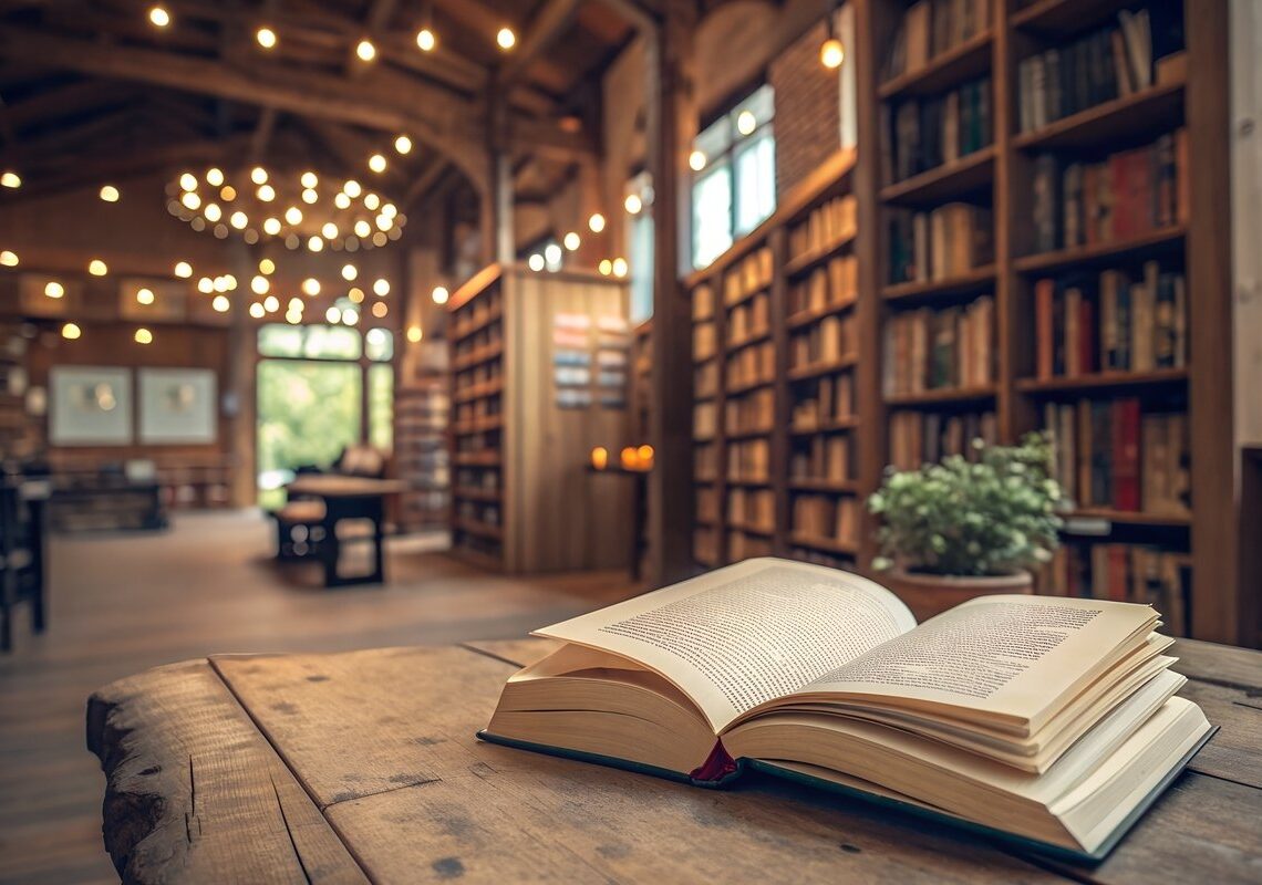 Open book on the wooden table in a cozy library cafe.