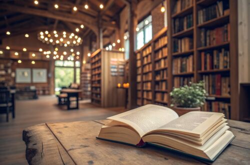 Open book on the wooden table in a cozy library cafe.