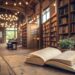 Open book on the wooden table in a cozy library cafe.