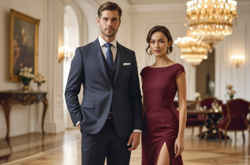 Well-dressed man in a tailored navy suit standing beside an elegant woman in a burgundy evening dress in a luxurious interior, symbolizing timeless class and sophistication