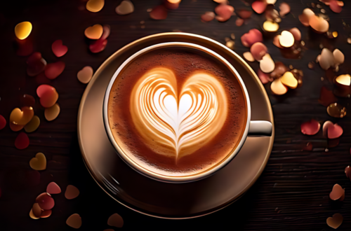 Top-down view of a classy, romantic coffee with heart-shaped latte art on a saucer, surrounded by small heart decorations on a dark wooden table, creating a cozy and elegant Valentine’s Day atmosphere.