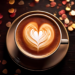 Top-down view of a classy, romantic coffee with heart-shaped latte art on a saucer, surrounded by small heart decorations on a dark wooden table, creating a cozy and elegant Valentine’s Day atmosphere.