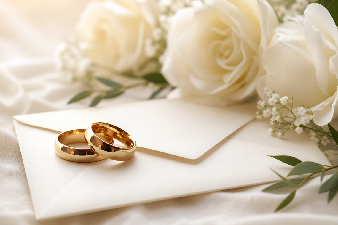 Two gold wedding bands rest on a sealed cream envelope, with white roses, baby's breath, and eucalyptus sprigs arranged on soft ivory fabric behind them.