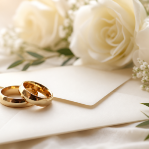 Two gold wedding bands rest on a sealed cream envelope, with white roses, baby's breath, and eucalyptus sprigs arranged on soft ivory fabric behind them.