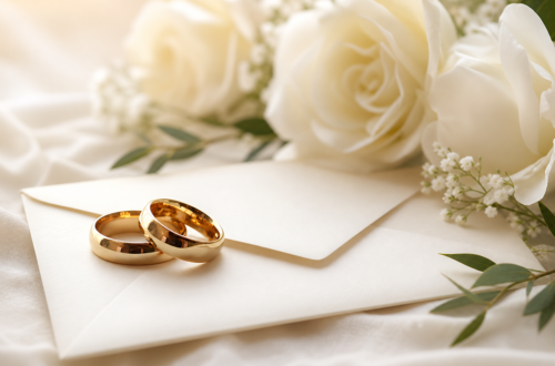 Two gold wedding bands rest on a sealed cream envelope, with white roses, baby's breath, and eucalyptus sprigs arranged on soft ivory fabric behind them.