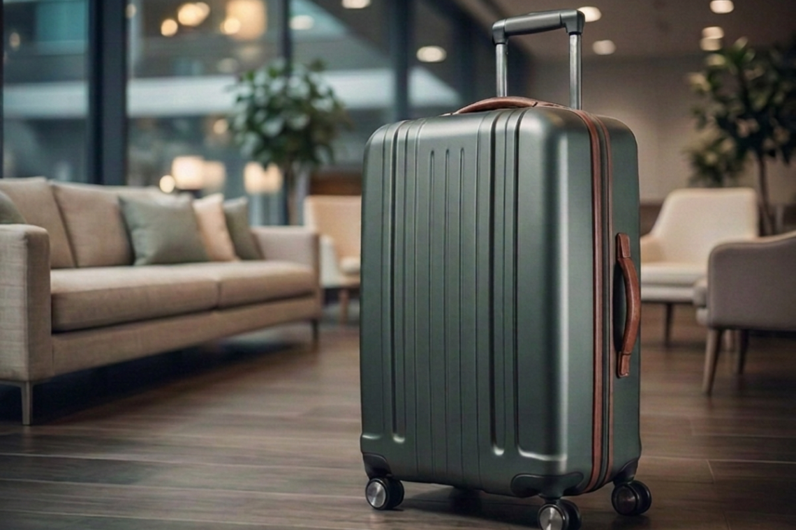 Dark green hard-shell carry-on suitcase with an extended handle standing in a modern airport lounge.