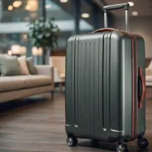 Dark green hard-shell carry-on suitcase with an extended handle standing in a modern airport lounge.