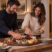 Couple arranging a grazing table with cheese, fruit, crackers, and nuts in a cozy living room